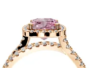 Halo Engagement Ring Setting for Fancy Pink Cushion Cut Center with Double Pave Split Shank and Prong Head in Rose Gold