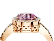 Halo Engagement Ring Setting for Fancy Pink Round Cut Center with Heart-Shaped Openwork, Pave Band and Prong Head in Rose Gold