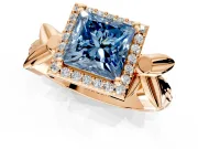 Halo Engagement Ring Setting for Fancy Blue Princess Cut Center with Floral Band and Prong Head in Rose Gold