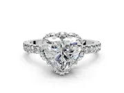 Halo Engagement Ring Setting for Heart-Shaped Center with Openwork Halo, Pave Band and Prong Head in Platinum