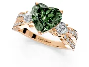 3 Stone Engagement Ring Setting for Fancy Green Heart-Shaped Center with Pave Twist Band and Prong Head in Rose Gold