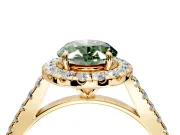 Halo Engagement Ring Setting for Fancy Green Oval Center with Narrowing Pave Band and Prong Head in Yellow Gold