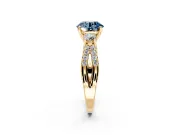 3 Stone Engagement Ring Setting for Fancy Blue Round Cut Center with Pave Split Shank and Prong Head in Yellow Gold