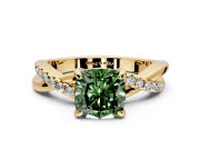 Solitaire Engagement Ring Setting for Fancy Green Cushion Cut Center with Half-Pave Crossover Band and Prong Head in Yellow Gold
