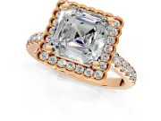 Milgrain Floral Halo Engagement Ring Setting for Asscher Cut Center with Pave Band and Prong Head in Rose Gold