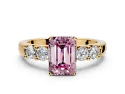 5 Stone Engagement Ring Setting for Fancy Pink Emerald Cut Center with Plain Band and Prong Head in Yellow Gold