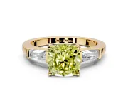 3 Stone Engagement Ring Setting for Fancy Yellow Cushion Cut Center with Tapered Baguettes, Plain Band and Prong Head in Yellow Gold