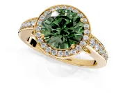 Bezel-Framed Halo Engagement Ring Setting for Fancy Green Round Cut Center with Pave Band and Prong Head in Yellow Gold