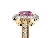 Halo Engagement Ring Setting for Fancy Pink Cushion Cut Center with Milgrain Channel Band and Prong Head in Yellow Gold