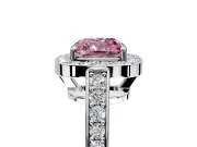 Bezel-Framed Halo Engagement Ring Setting for Fancy Pink Cushion Cut Center with Pave Band and Prong Head in White Gold