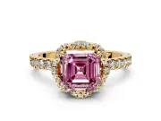 Floral Halo Engagement Ring Setting for Fancy Pink Asscher Cut Center with Pave Band and Prong Head in Yellow Gold