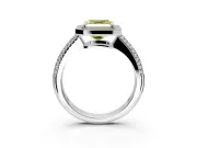 Milgrain Halo Engagement Ring Setting for Fancy Yellow Asscher Cut Center with Three-Sided Pave Band and Prong Head in White Gold