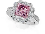 Halo Engagement Ring Setting for Fancy Pink Princess Cut Center with Milgrain Channel Band and Prong Head in Platinum