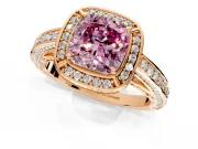 Halo Engagement Ring Setting for Fancy Pink Cushion Cut Center with Framed Halo, Pave Band and Prong Head in Rose Gold