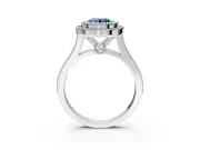 Halo Engagement Ring Setting for Fancy Blue Round Cut Center with Milgrain Frame, Pave Band and Prong Head in White Gold