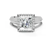 Halo Engagement Ring Setting for Princess Cut Center with Knife Ridge Cathedral Band and Prong Head in White Gold