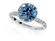 Hidden Halo Engagement Ring Setting for Fancy Blue Round Cut Center with Pave Band and Prong Head in White Gold
