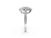 Bezel-Framed Halo Engagement Ring Setting for Pear-Shaped Center with Pave Band and Prong Head in White Gold