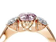 3 Stone Engagement Ring Setting for Fancy Pink Oval Center with Raised Basket Heads and Prong Head in Rose Gold