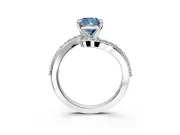Solitaire Engagement Ring Setting for Fancy Blue Cushion Cut Center with Pave Bypass Swirl Band and Prong Head in White Gold