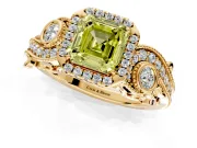 Milgrain Halo Engagement Ring Setting for Fancy Yellow Asscher Cut Center with Shoulder Bezels and Prong Head in Yellow Gold
