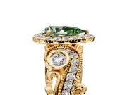 Milgrain Halo Engagement Ring Setting for Fancy Green Pear-Shaped Center with Shoulder Bezels and Prong Head in Yellow Gold