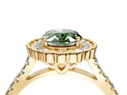 Milgrain Floral Halo Engagement Ring Setting for Fancy Green Oval Center with Pave Band and Prong Head in Yellow Gold
