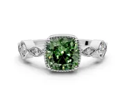 Vintage Station Engagement Ring Setting for Fancy Green Cushion Cut Center with Accents and Prong Head in Sterling Silver