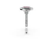 Halo Engagement Ring Setting for Fancy Pink Asscher Cut Center with Milgrain Frame, Pave Band and Prong Head in Platinum