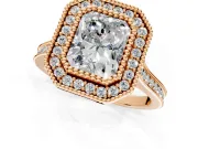 Halo Engagement Ring Setting for Radiant Cut Center with Milgrain Frame, Pave Band and Prong Head in Rose Gold