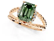 Halo Engagement Ring Setting for Fancy Green Emerald Cut Center with Rope Twist Split Shank and Prong Head in Rose Gold