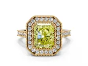 Halo Engagement Ring Setting for Fancy Yellow Radiant Cut Center with Milgrain Frame, Pave Band and Prong Head in Yellow Gold