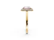 Halo Engagement Ring Setting for Fancy Pink Radiant Cut Center with Plain Tapered Band and Prong Head in Yellow Gold