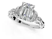 Solitaire Engagement Ring Setting for Emerald Cut Center with Filigree Band and Prong Head in Platinum