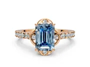 Floral Engagement Ring Setting for Fancy Blue Emerald Cut Center with Pave Band and Floral Prong Head in Rose Gold