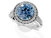 Halo Engagement Ring Setting for Fancy Blue Round Cut Center with Outer Bezel Rim, Pave Band and Prong Head in Platinum