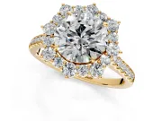 Halo Engagement Ring Setting for Round Cut Center with Single-Row Pave, Open Basket and Prong Head in Yellow Gold