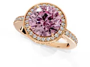 Halo Engagement Ring Setting for Fancy Pink Round Cut Center with Metal-Rimmed Halo, Pave Band and Prong Head in Rose Gold