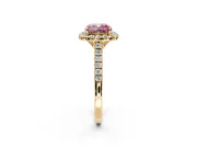 Halo Engagement Ring Setting for Fancy Pink Cushion Cut Center with Raised Halo, Pave Band and Prong Head in Yellow Gold