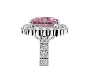 Milgrain Floral Halo Engagement Ring Setting for Fancy Pink Radiant Cut Center with Pave Band and Prong Head in Platinum
