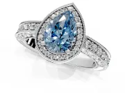 Milgrain Halo Engagement Ring Setting for Fancy Blue Pear-Shaped Center with Wide Pave Band and Prong Head in White Gold