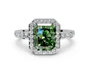 Halo Engagement Ring Setting for Fancy Green Radiant Cut Center with Heart-Shaped Openwork, Pave Band and Prong Head in White Gold