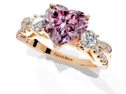 3 Stone Engagement Ring Setting for Fancy Pink Heart-Shaped Center with Pave Split Shank and Prong Head in Rose Gold