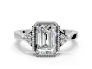 Cluster Engagement Ring Setting for Emerald Cut Center with Milgrain Shoulder Clusters and Prong Head in Sterling Silver