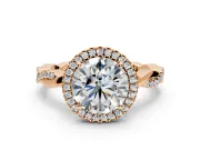 Halo Engagement Ring Setting for Round Cut Center with Pave and Plain Twist Band and Prong Head in Rose Gold