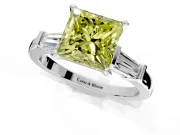 3 Stone Engagement Ring Setting for Fancy Yellow Princess Cut Center with Channel Baguette Accents and Prong Head in Platinum