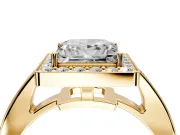 Bezel-Framed Halo Engagement Ring Setting for Princess Cut Center with Pave Band and Prong Head in Yellow Gold