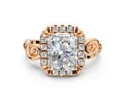 Halo Engagement Ring Setting for Radiant Cut Center with Open Scroll Shoulders and Prong Head in Rose Gold