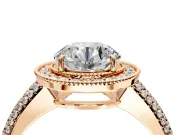 Milgrain Halo Engagement Ring Setting for Round Cut Center with Three-Sided Pave Band and Prong Head in Rose Gold