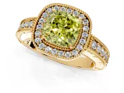 Milgrain Halo Engagement Ring Setting for Fancy Yellow Cushion Cut Center with Pave Band and Prong Head in Yellow Gold